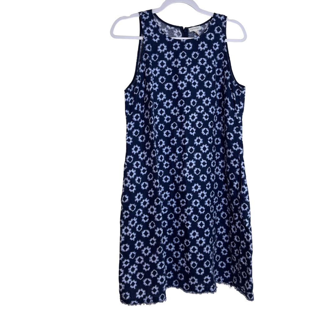 Garnet Hill 100% Linen A-Line Shift Dress Blue/White Raw hem Sleeveless  Sz 8